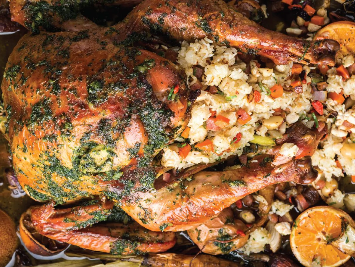 Sticky rice and Chinese sausage stuff Helene An's Thanksgiving turkey. (Evan Sung)
