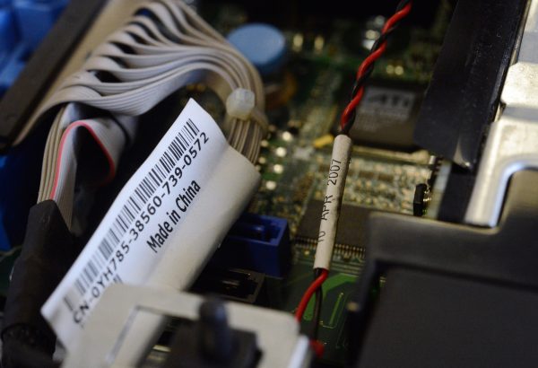 A sticker reading ''Made in China'' on a computer's motherboard.