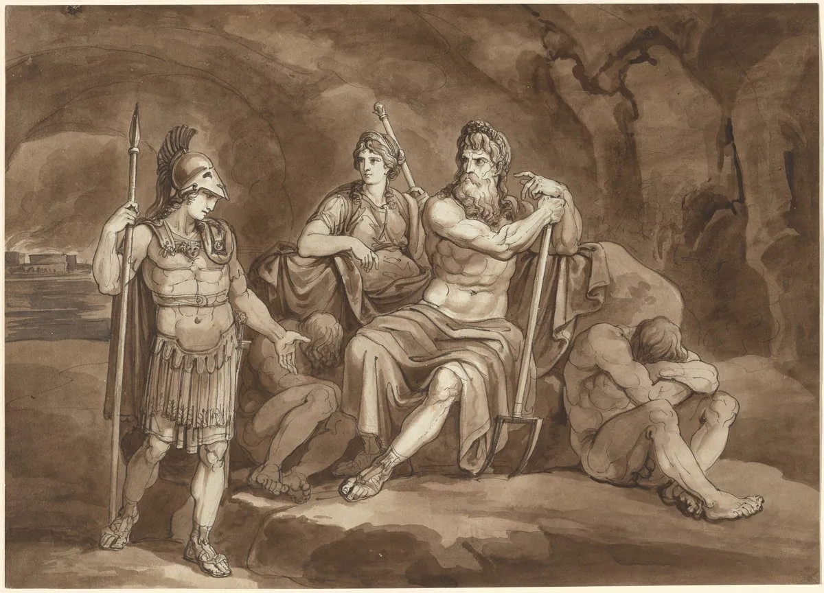 Bartolomeo Pinelli (1781–1835), "Telemachus Requests Permission from Pluto to Seek His Father in the Underworld," 1809, pen and brown ink with brown and gray wash over graphite on heavy laid paper. (William B. O'Neal Fund/National Gallery of Art)