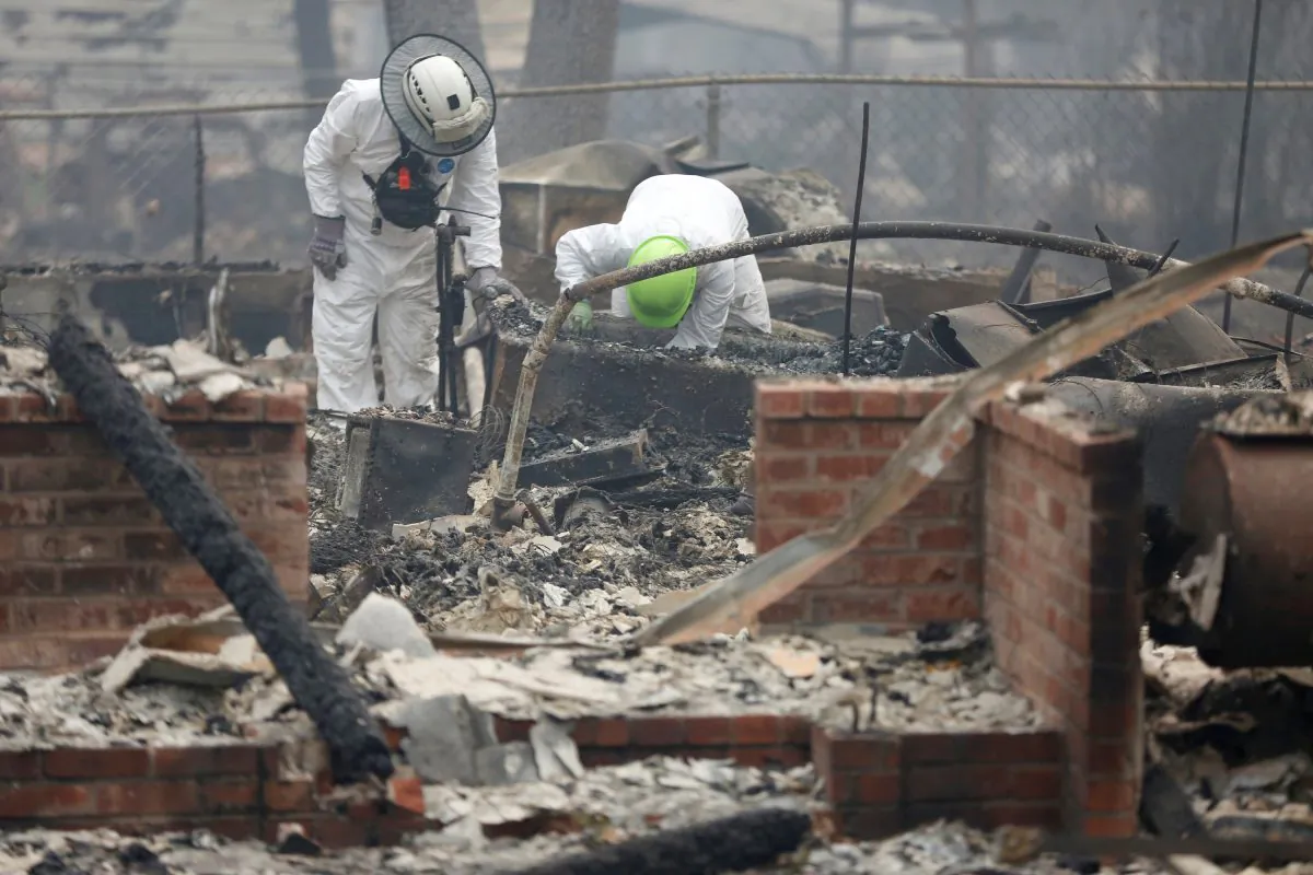 An anthropologist (R) examines the remains of a dog found in a bathtub in a home destroyed by the Camp Fire in Paradise, California, on Nov. 14, 2018. (Terray Sylvester/Reuters)
