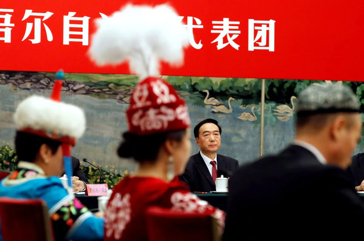  Xinjiang Uyghur Autonomous Region (XUAR) Party Secretary Chen Quanguo attends a group discussion session on the second day of the 19th National Congress of the Communist Party of China at the Great Hall of the People in Beijing on Oct. 19, 2017. (Tyrone Siu/Reuters)
