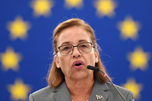 Marshall Islands President Hilda Heine delivers a speech at the European Parliament in Strasbourg, France.