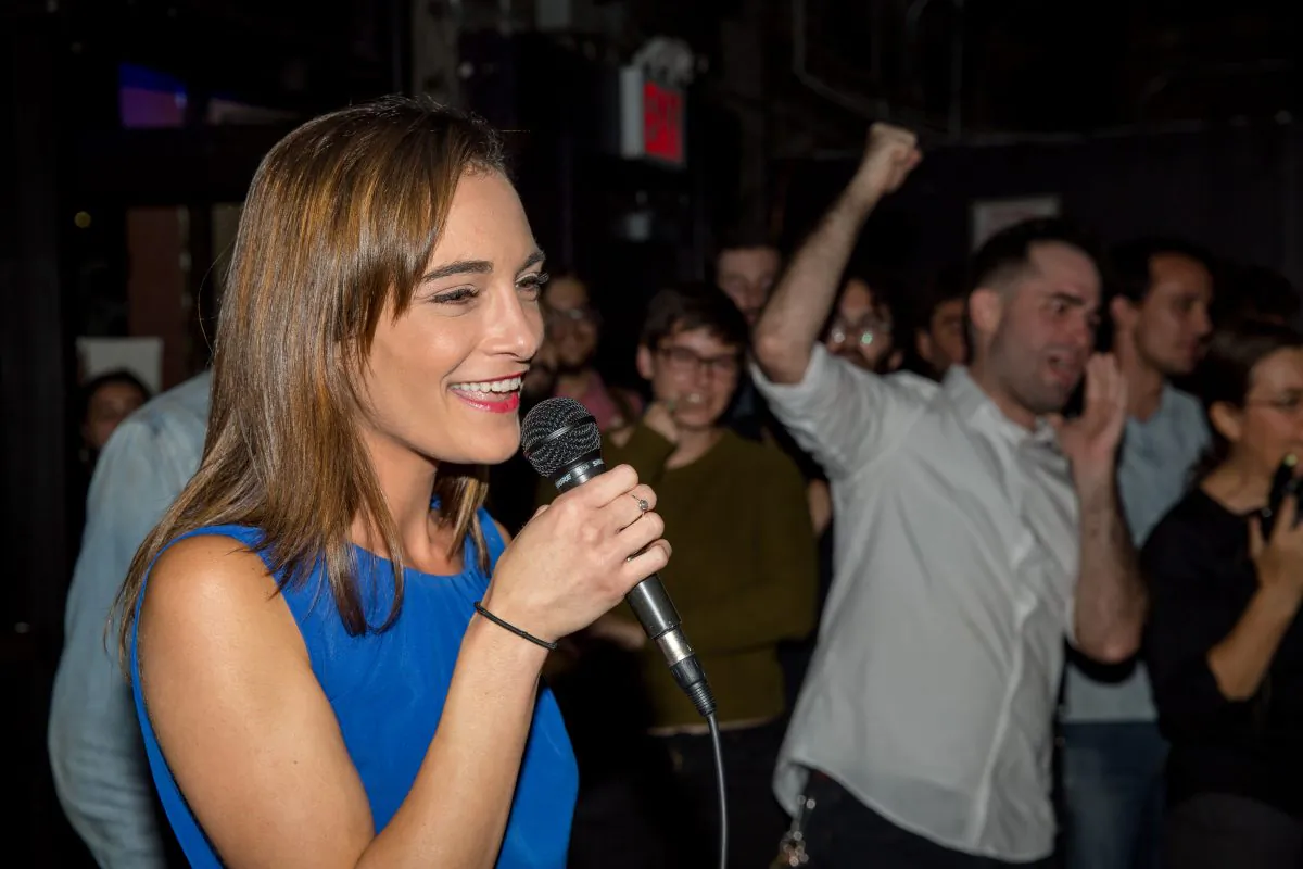 Democratic Socialist candidate Julia Salazar delivers her victory speech after defeating incumbent Democrat State Senator Martin Dilan on Sept. 13, 2018, in New York City. She went on to win the senate seat in the November elections. (Scott Heins/Getty Images)