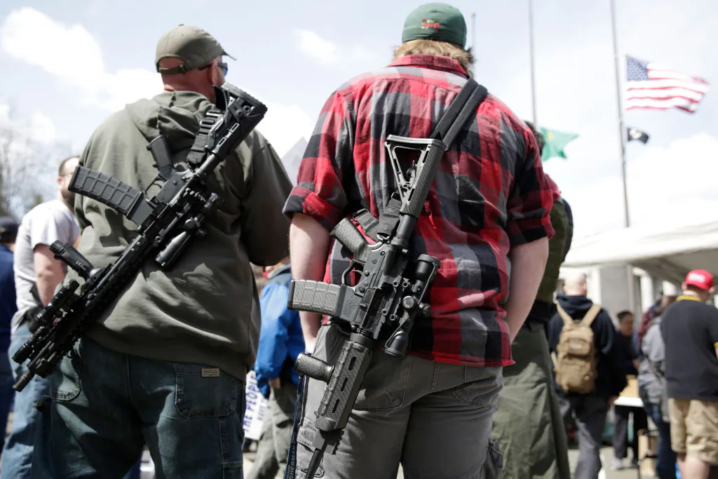 People with firearms at the Washington state capitol during the 'March for Our Rights' pro-gun rally in Olympia, Washington, on April 21, 2018. (Jason Redmond/AFP/Getty Images)