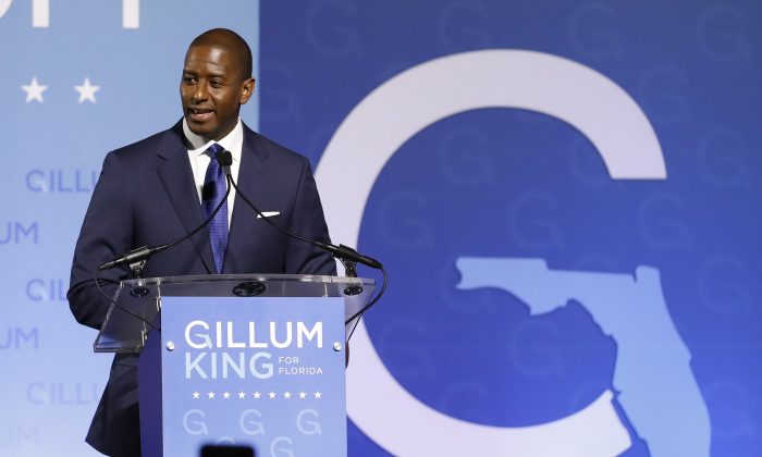 Democratic Florida gubernatorial nominee and Tallahassee Mayor Andrew Gillum concedes the race to U.S. Rep. Ron DeSantis at his midterm election night rally in Tallahassee, Florida, on Nov. 6, 2018. (Colin Hackley/Reuters)