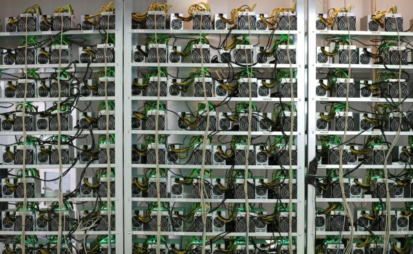 Cryptocurrency miners on racks