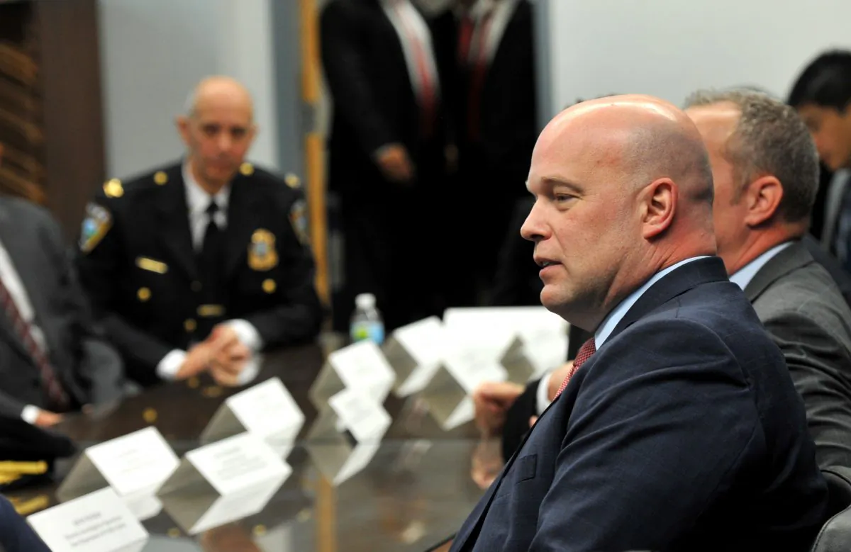 Acting Attorney General Matthew G. Whitaker,  gives brief remarks to state and local law enforcement on efforts to combat violent crime and the opioid crisis at the U.S. Courthouse Annex, in Des Moines, Iowa, on Nov. 14, 2018. (Steve Pope/Getty Images)