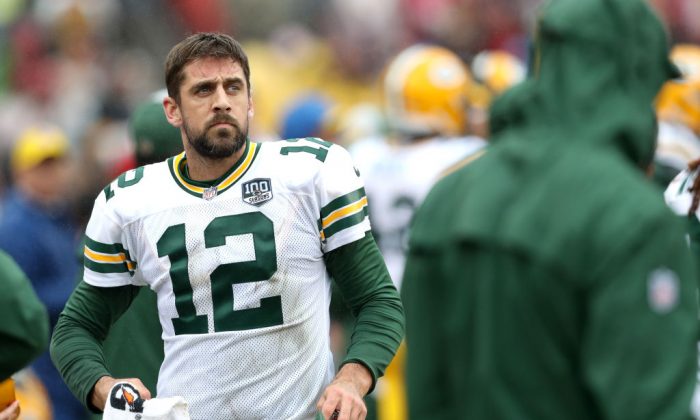 Quarterback Aaron Rodgers (#12) of the Green Bay Packers looking on from the sidelines in the second half against the Washington Redskins at FedExField in Landover, Md., on Sept. 23, 2018. (Rob Carr/Getty Images)