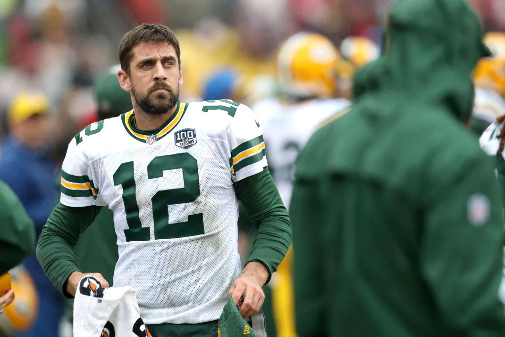 Quarterback Aaron Rodgers (#12) of the Green Bay Packers looking on from the sidelines in the second half against the Washington Redskins at FedExField in Landover, Md., on Sept. 23, 2018. (Rob Carr/Getty Images)
