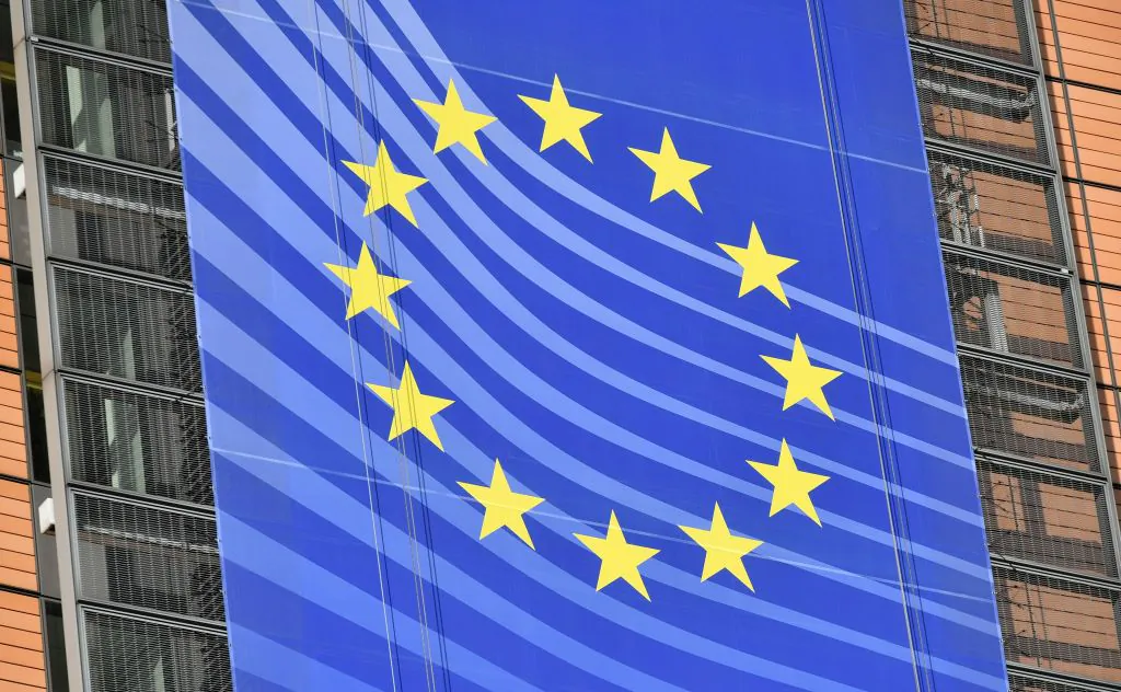 A banner displaying the European flag adorns the facade of the European Commission in Brussels on Nov. 14, 2018. ( Emmanuel Dunand/AFP/Getty Images)