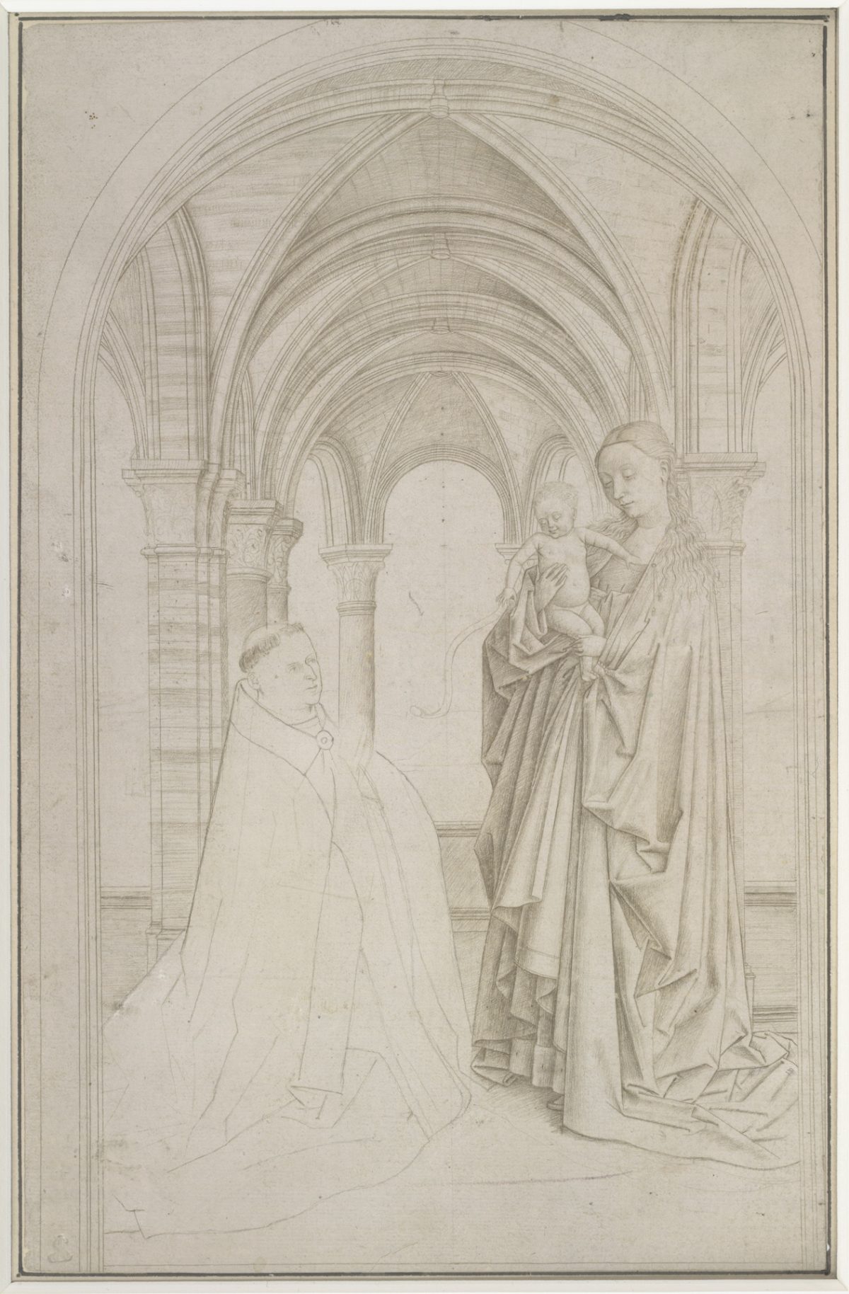 "The Virgin and Child with a Donor (copy after Jan van Eyck’s Maelbeke Virgin),” Attributed to Petrus Christus. Silverpoint on prepared paper, 10 15/16 inches by 7 1/16 inches, The Albertina Museum, Vienna. (Courtesy of The Frick Collection)