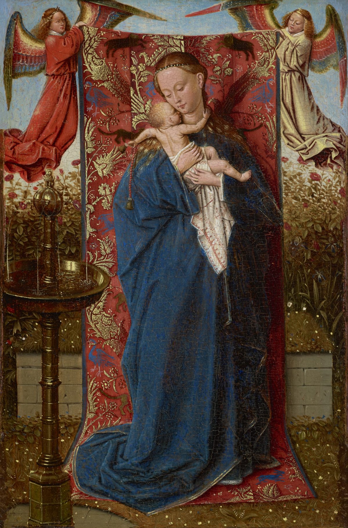 “The Virgin and Child by a Fountain,” circa 1440, by Workshop of Jan van Eyck. Oil on panel, 8 3/8 inches by 6 3/4 inches, private collection. (Courtesy of The Frick Collection)