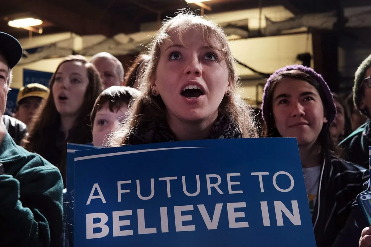 In this file photo, people cheer as Democratic presidential candidate Sen. Bernie Sanders (D-VT) speaks after winning the Vermont primary on Super Tuesday, March 1, 2016. Despite its name, progressive socialism usually results in the stifling of ideas and the stagnation of a nation.  (Spencer Platt/Getty Images)