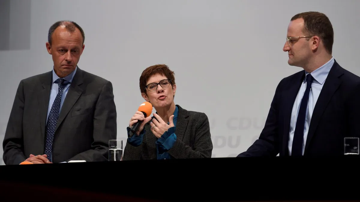 Christian Democratic Union candidates (L-R) Friedrich Merz, Annegret Kramp-Karrenbauer, and Jens Spahn attending a regional conference in Luebeck, Germany, on Nov. 15, 2018. (Fabian Bimmer/Reuters)