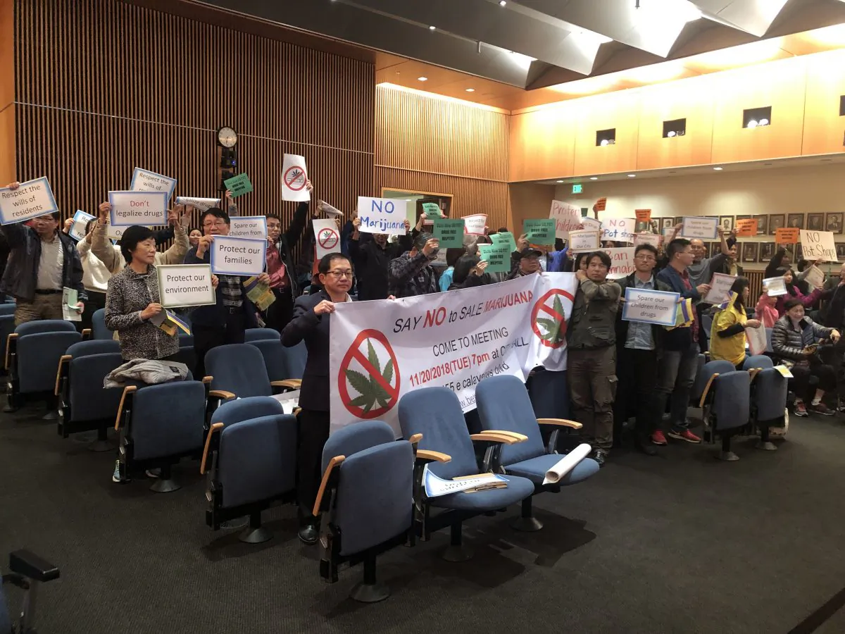 Local residents express outrage against the cannabis industry during the city council weekly meeting at Milpitas City Hall, in Milpitas, Calif. on Nov. 20, 2018. (Nathan Su/The Epoch Times)