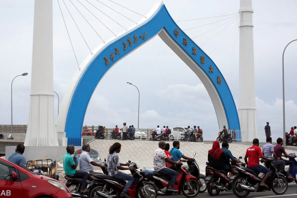 Maldivians travel on the China-funded Sinamale bridge in Male, Maldives on Sept. 18, 2018. (Ashwa Faheem/Reuters)