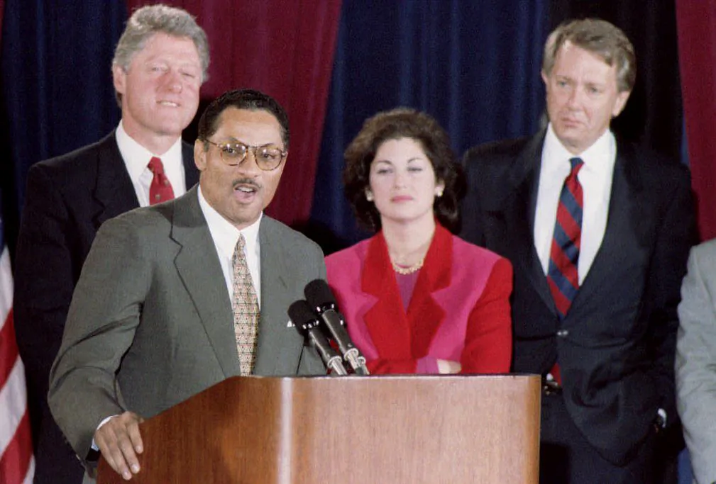 Then Congressman Mike Espy accepts his nomination for Secretary of Agriculture on Dec. 24 1992 in Arkansas as then president-elect Bill Clinton listens. (HERB SWANSON/AFP/Getty Images)
