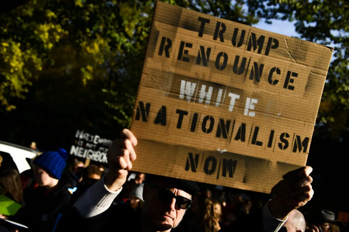 People protesting on Oct. 30, 2018, against U.S. President Donald Trump's visit to Pittsburgh, Pennsylvania, following a mass shooting at the Tree of Life synagogue. (Brendan Smialowski/AFP/Getty Images)