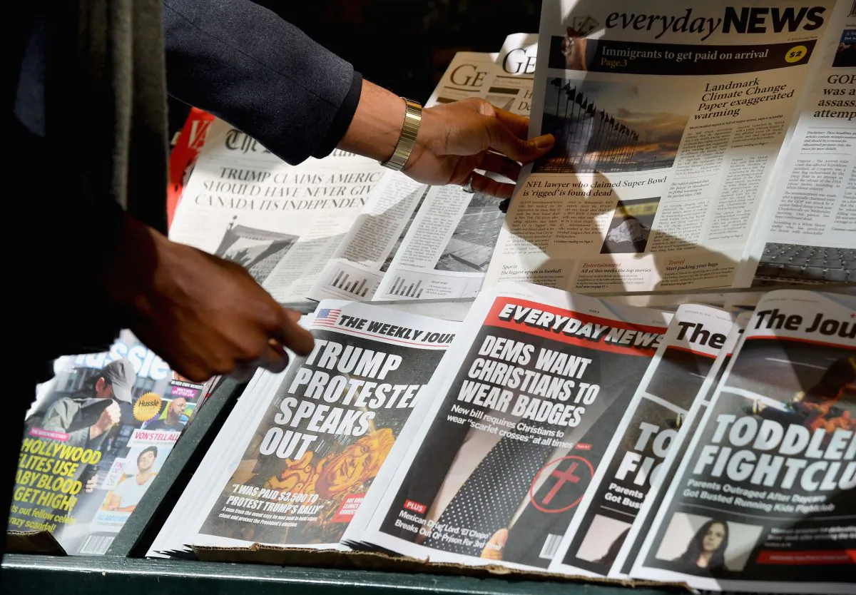 A misinformation newsstand in midtown Manhattan on Oct. 30, 2018, aiming to educate news consumers about the dangers of disinformation, or fake news, in the lead-up to the U.S. midterm elections. (Angela Weiss/AFP/Getty Images)