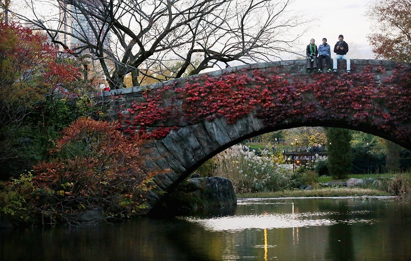 People sit on the Gapstow bridge.