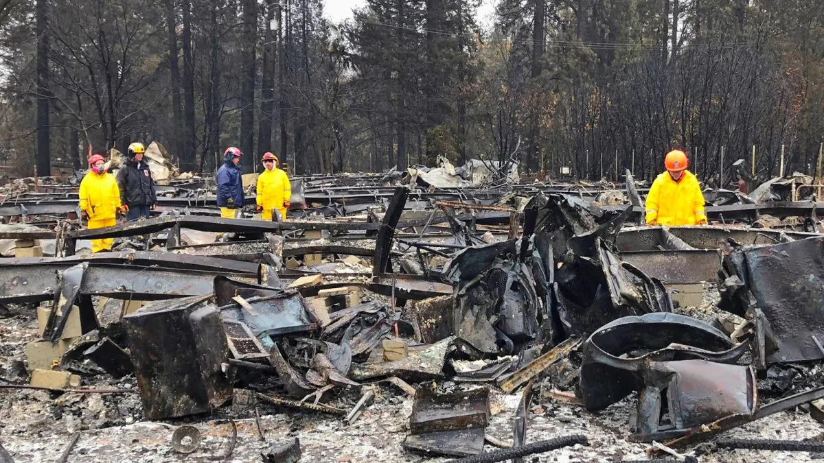 Search team members move sheet metal to allow cadaver dogs to search beneath them for signs of human remains at a mobile home park in Paradise, Calif., on Nov. 23, 2018. (Kathleen Ronayne/AP)