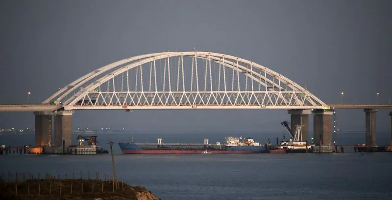 The Kerch bridge is seen blocked for ships entrance, near Kerch, Crimea, Sunday, Nov. 25, 2018. (The Associated Press)
