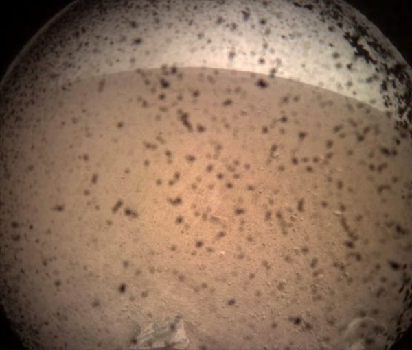 NASA's InSight Mars lander acquired this image of the area in front of the lander using its lander-mounted, Instrument Context Camera (ICC) with the ICC image field of view of 124 x 124 degrees, on Mars