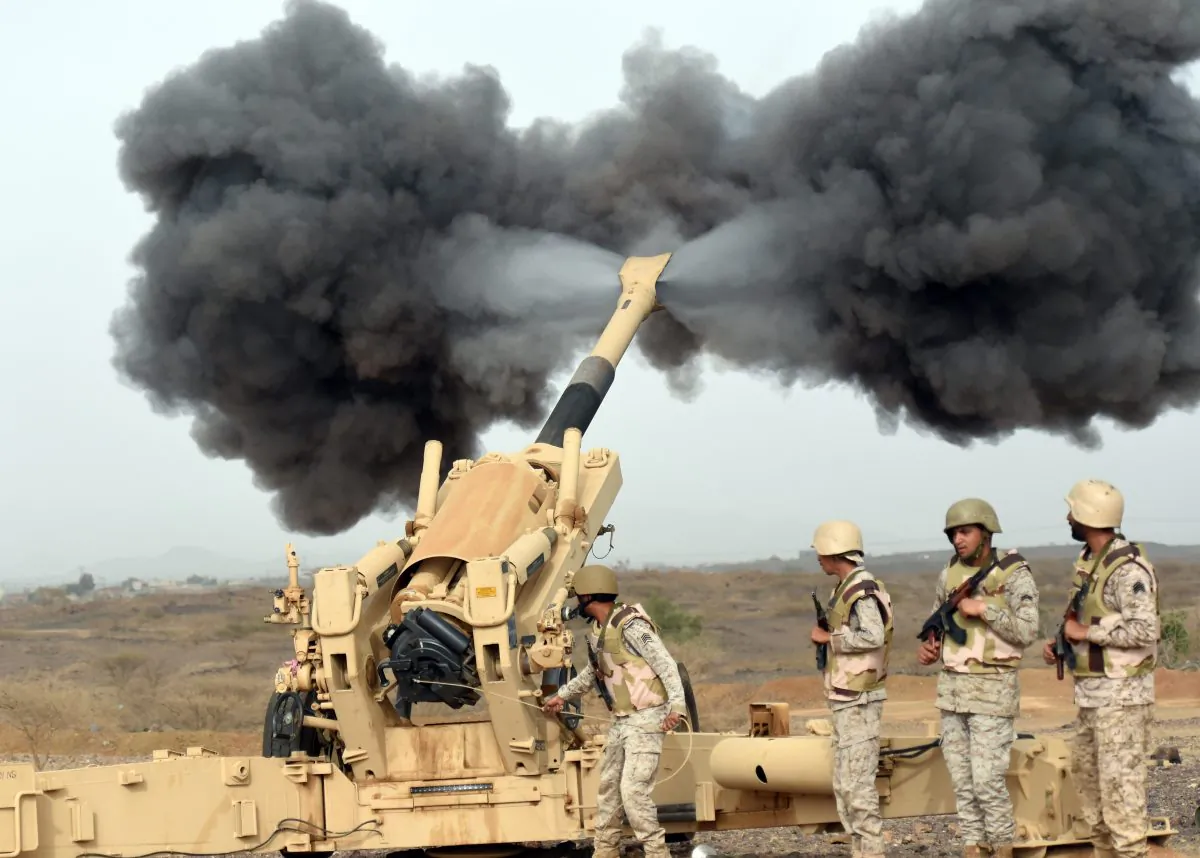 Saudi army artillery fires shells towards Yemen from a post close to the Saudi-Yemeni border, in southwestern Saudi Arabia, on April 13, 2015 . (FAYEZ NURELDINE/AFP/Getty Images)