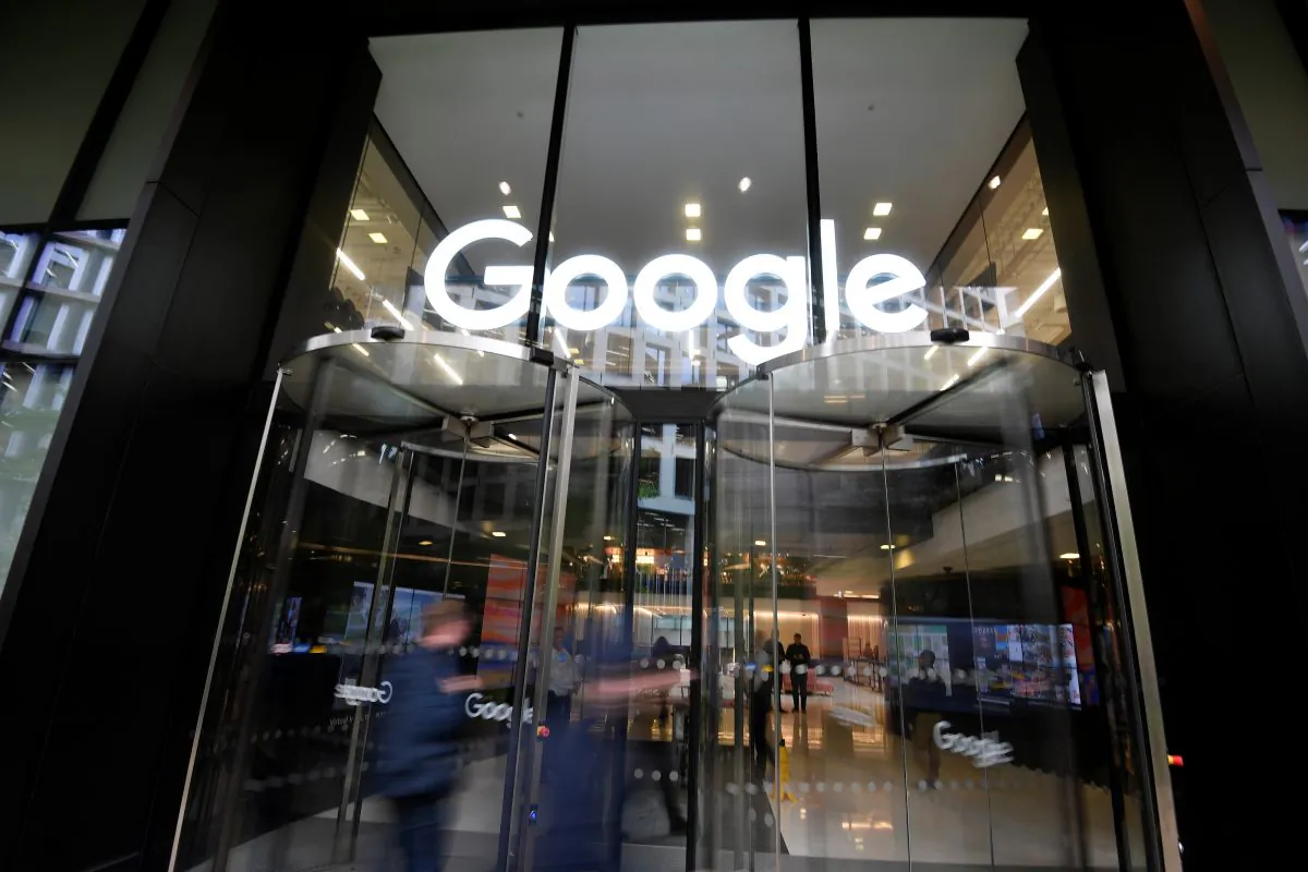 The Google name is displayed outside the company's office in London on Nov. 1, 2018. (Toby Melville/Reuters)