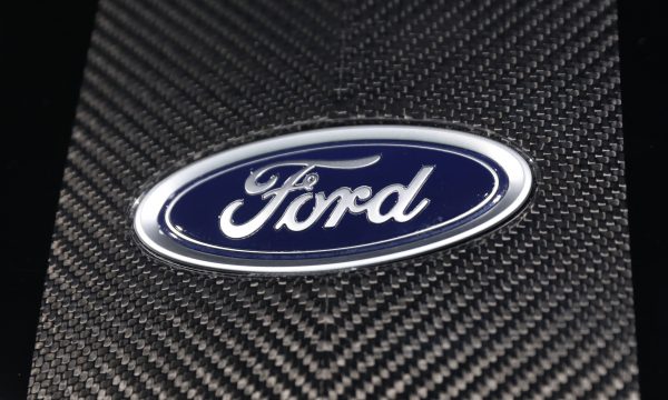 The Ford logo is seen at the New York Auto Show in the Manhattan borough of New York City