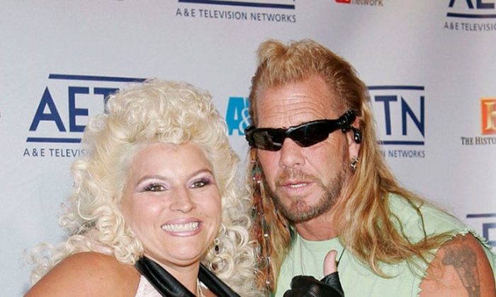 From the reality television show Dog The Bounty Hunter Beth Smith (L) and Duane 'Dog' Chapman arrive to A&E Television Networks Upfront celebration held at Rockefeller Center in New York City on April 21, 2005. (Fernando Leon/Getty Images)