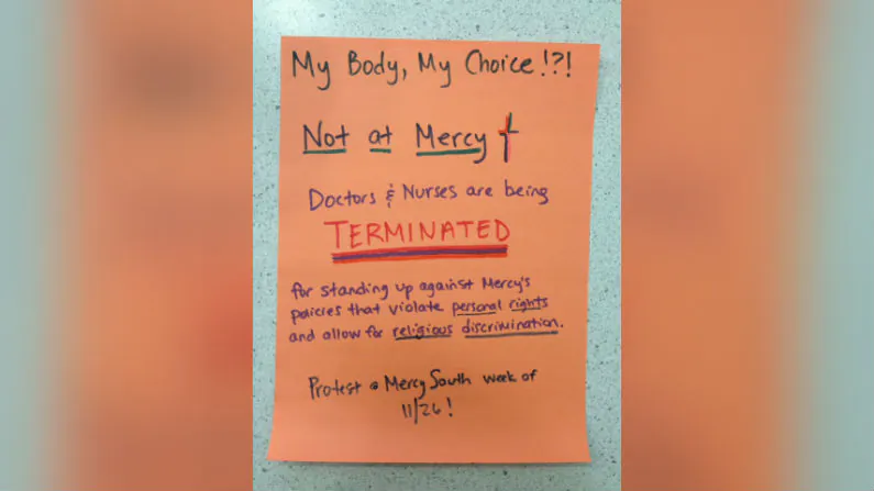 A nurse had her job at Mercy South Hospital in St. Louis, Missouri, terminated after she requested to be exempted from getting a flu vaccine for religious reasons on Nov. 26, 2018. A protest took place outside the hospital on Nov. 27, 2018. (Nalia Aubuchon)
