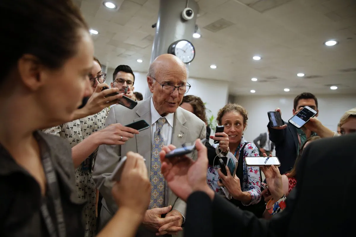 Sen. Pat Roberts (R-KS) speaks to reporters as he arrives for the weekly Senate Republican's policy luncheon, on Capitol Hill in Washington on July 24, 2018. (Al Drago/Getty Images)