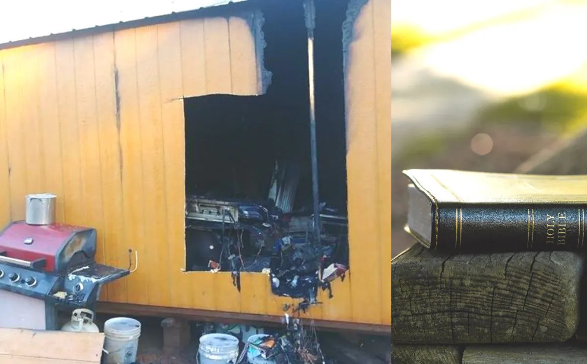 A man in Tyler, Texas, said that his personal Bible had survived after his tiny home and almost everything inside it was destroyed by a fire on Dec. 28., 2018. (L: GoFundMe/Charles House. R: Aaron Burden/Unsplash)