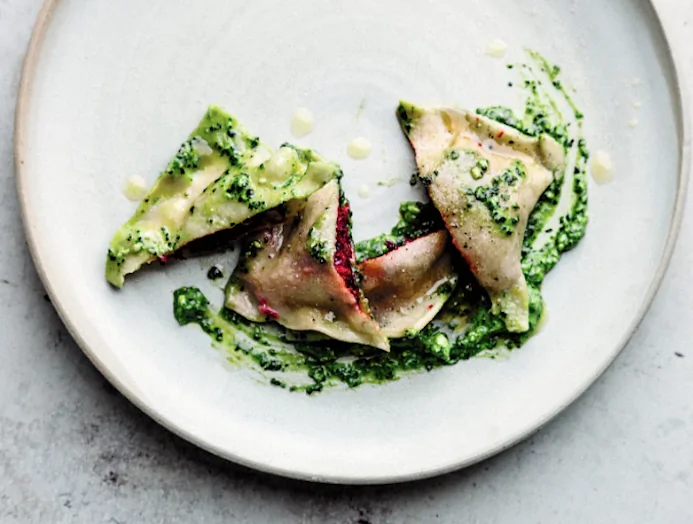 Beet Ravioli with Winter Pesto Sauce. (GoogleDrive)
