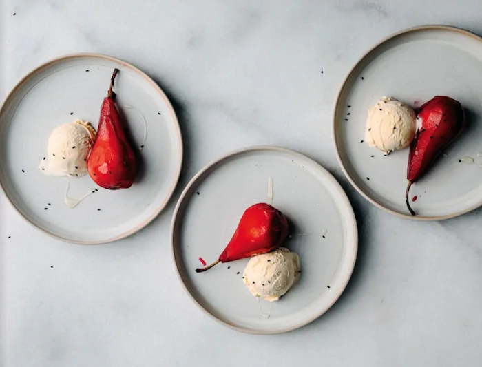 Ginger and Hibiscus Poached Pears with Ice Cream. (GoogleDrive)