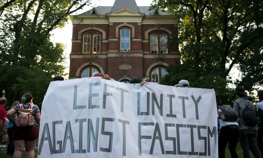 Activists demonstrate on the campus of The University of Virginia one-year after the violent white nationalist rally that left one person dead and dozens injured, in Charlottesville, Virginia on Aug. 11, 2018. (Logan Cyrus/AFP/Getty Images)