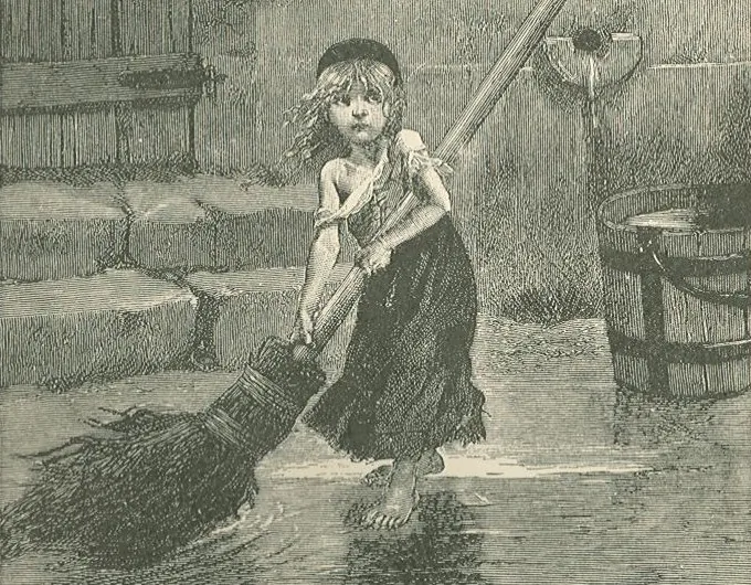 Young Cosette sweeping in the 1886 engraving for Victor Hugo's novel, Les Miserables. (Public Domain)