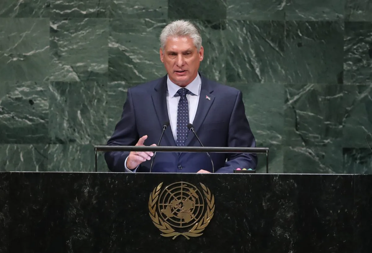 Cuban President Miguel Diaz-Canel Bermudez addressing the United Nations General Assembly on Sept. 26, 2018, in New York City. Díaz-Canel has recently been on a tour of communist countries, meeting leaders from China, Vietnam, Laos, and North Korea, as well as stops in Russia and the UK. (John Moore/Getty Images)
