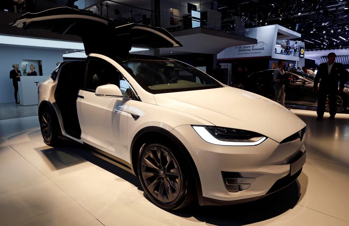 The Tesla Model X on the second press day of the Paris auto show, on Oct. 3, 2018. (Regis Duvignau/Reuters)