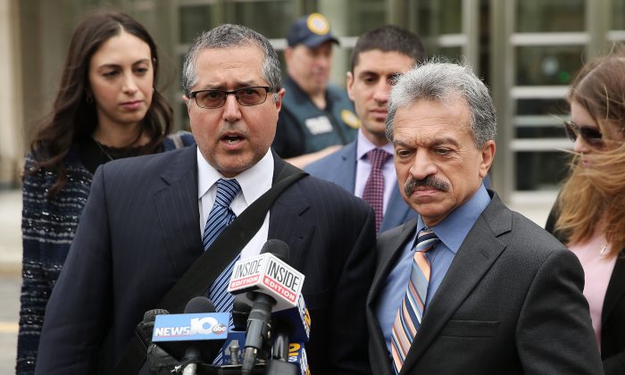 Legal Council representing Keith Raniere and the group NXIVM Mark Agnifilo and Paul DerOhannesian outside the United States Eastern District Court in Brooklyn, New York City, on May 4, 2018. (Jemal Countess/Getty Images)