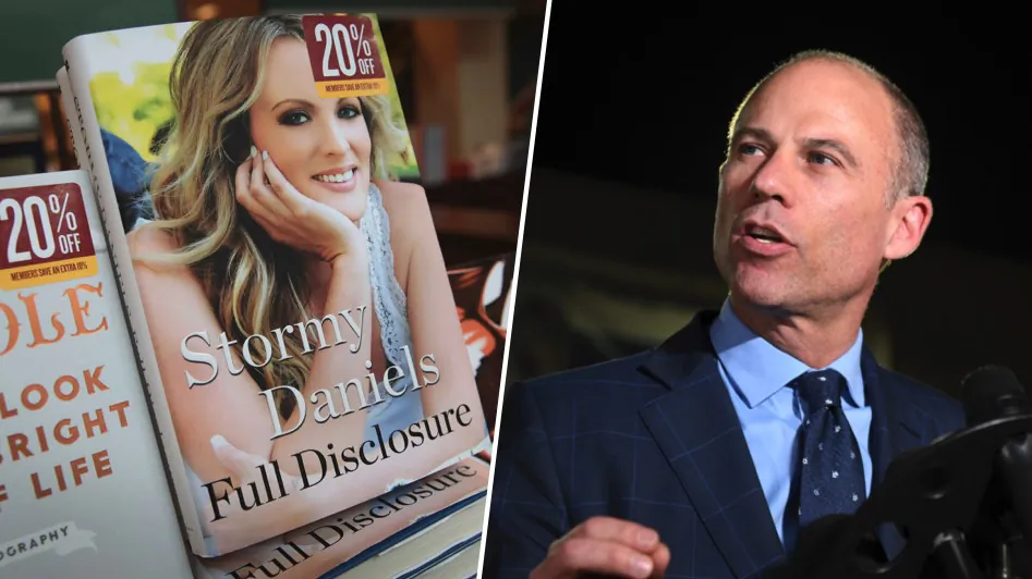 (L) "Full Disclosure," a memoir by adult-film actress Stormy Daniels, is offered for sale at a Barnes&Noble store in Chicago, Ill., on Oct. 2, 2018. (R) Lawyer Michael Avenatti speaks to the media outside the office of the LAPD after posting bail for domestic violence, Los Angeles, Nov. 14, 2018. (Scott Olson/Getty Images; AP Photo/Michael Owen Baker)