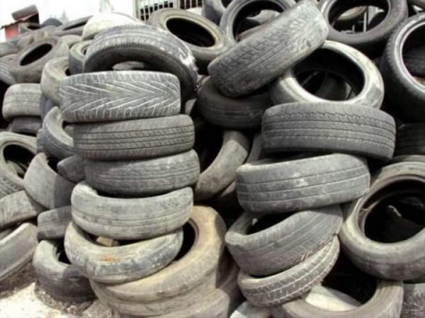 Worn-out tyres assembled for transformation into slippers at Mfou Principal Prison in Cameroon on Oct. 10, 2018.