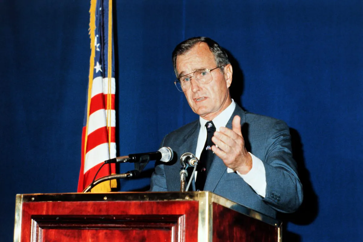 Vice-President George Bush gives a press conference at the hotel Inter-Continental in Helsinski, on April 7, 1983. (STRINGER/AFP/Getty Images)