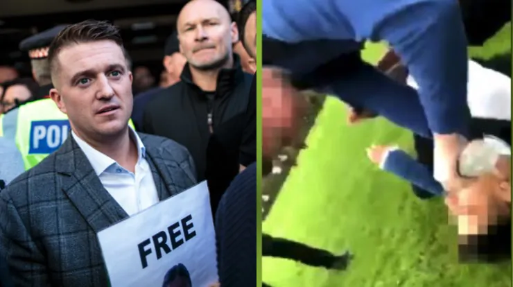 L—English Defence League Activist Tommy Robinson, whose real name Stephen Yaxley-Lennon, greets supporters after his court case on was adjourned on Sept. 27, 2018 in London, England. R—A schoolboy at a South Yorkshire school is captured on video bullying another pupil, pouring water in his mouth as he pins him down. (Jack Taylor/Getty Images; Screengrab/Twitter)