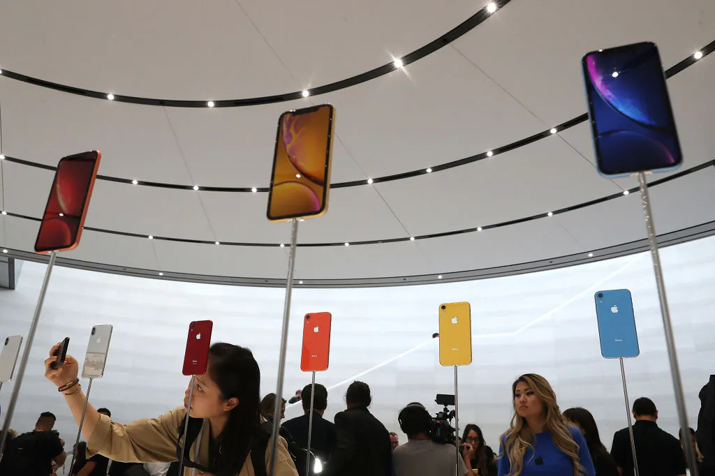 The new Apple iPhone XR is displayed during an Apple special event at the Steve Jobs Theatre  in Cupertino, California, on Sept. 12, 2018. (Justin Sullivan/Getty Images)