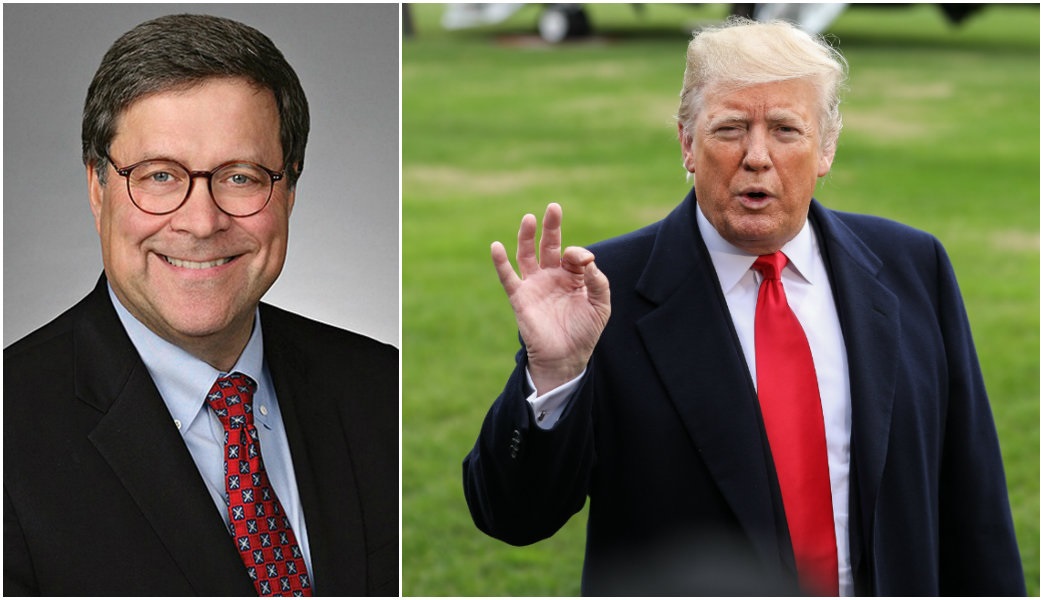 L: William Barr. (Time Warner via AP); R: President Donald Trump speaks to the press on the South Lawn of the White House in Washington