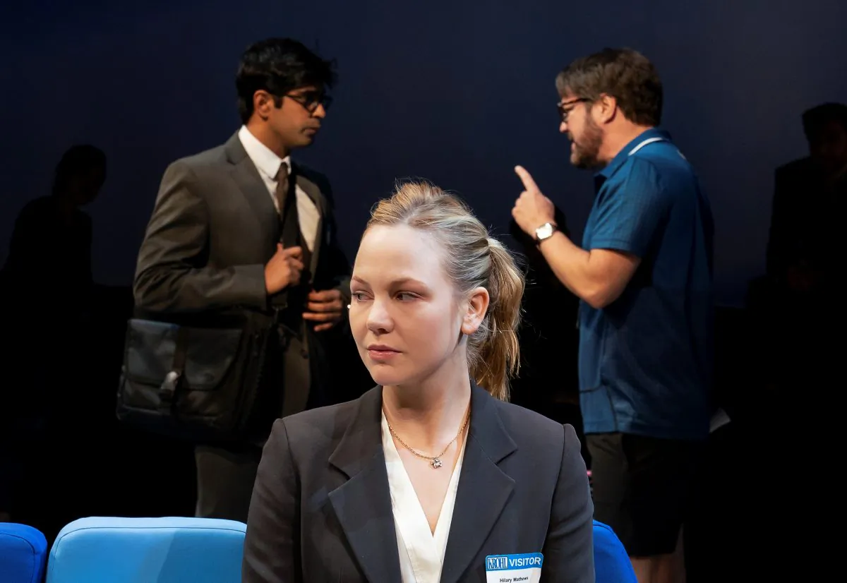 Adelaide Clemens (foreground) with Eshan Bajpay (L) and Robert Petkoff as they appear in Tom Stoppard’s “Hard Problem.” (Paul Kolnik)