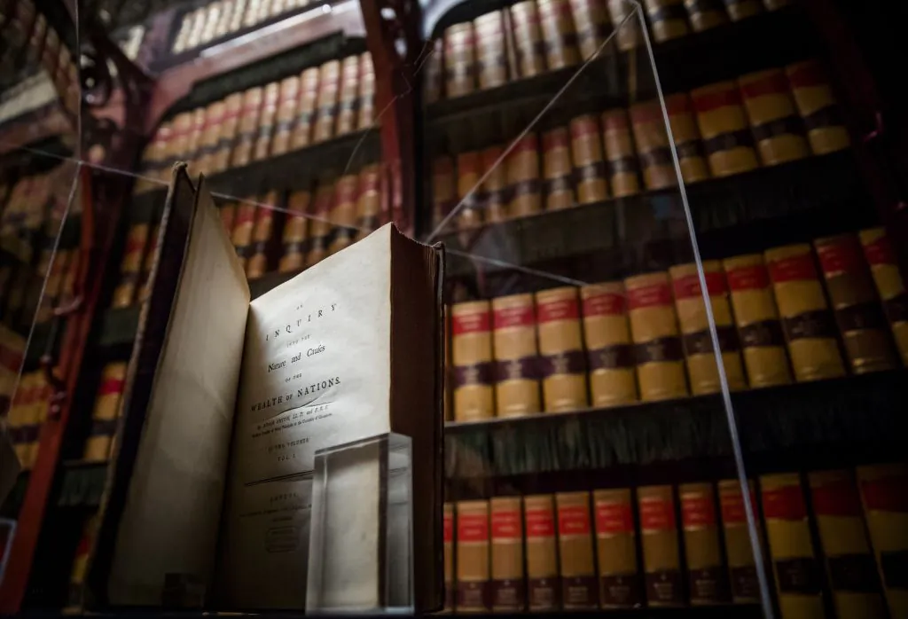 A first edition Scottish economist and philosopher Adam Smith book's "The Wealth Of Nations" is displayed at the library of the Dutch House of Representatives in the Hague on May 31, 2018. Smith was a classical liberal, the forebearer of today's libertarians. (Bart Maat/AFP/Getty Images)