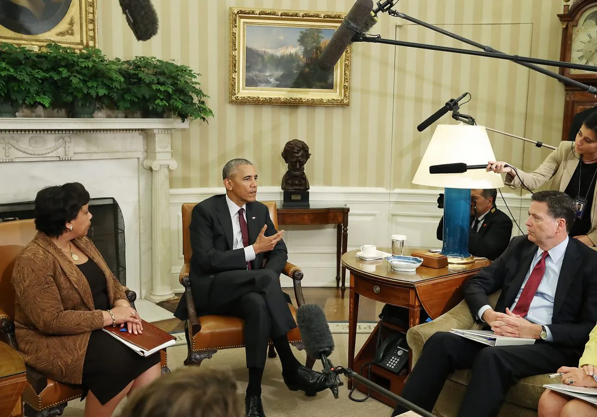 Then President Barack Obama (C) speaks to the media after meeting with then Attorney General Loretta Lynch (L) and then FBI Director James Comey in the Oval Office at the White House in Washington, on July 19, 2016. (Mark Wilson/Getty Images)